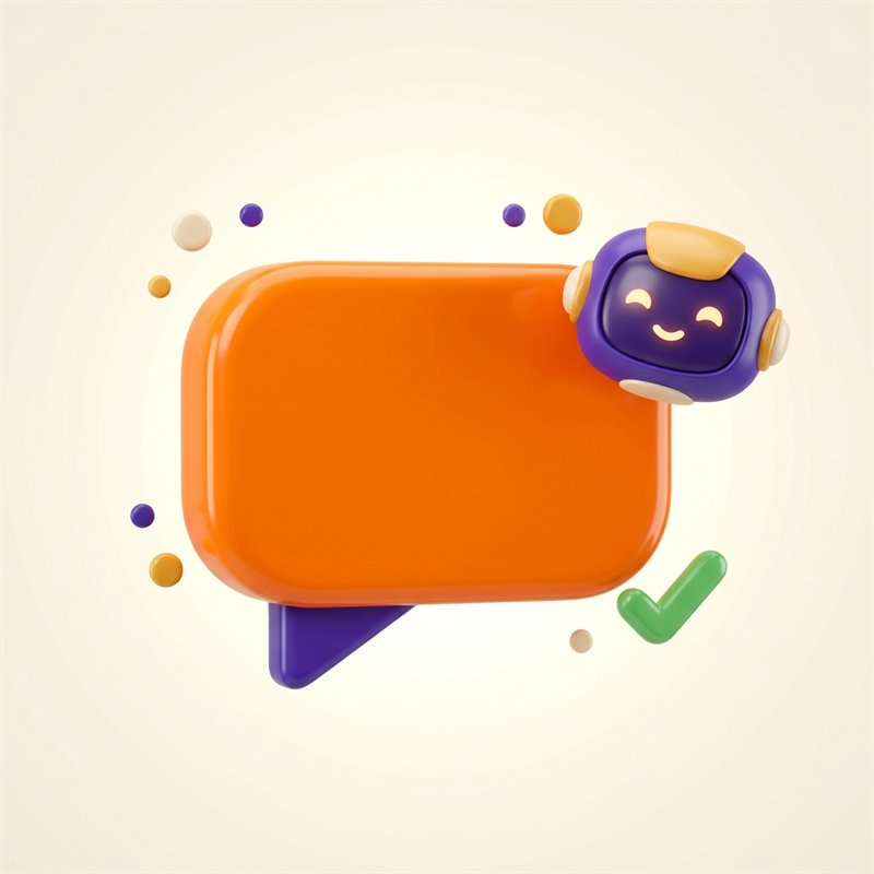 Ilustración 3D de una burbuja de chat con un robot asistente