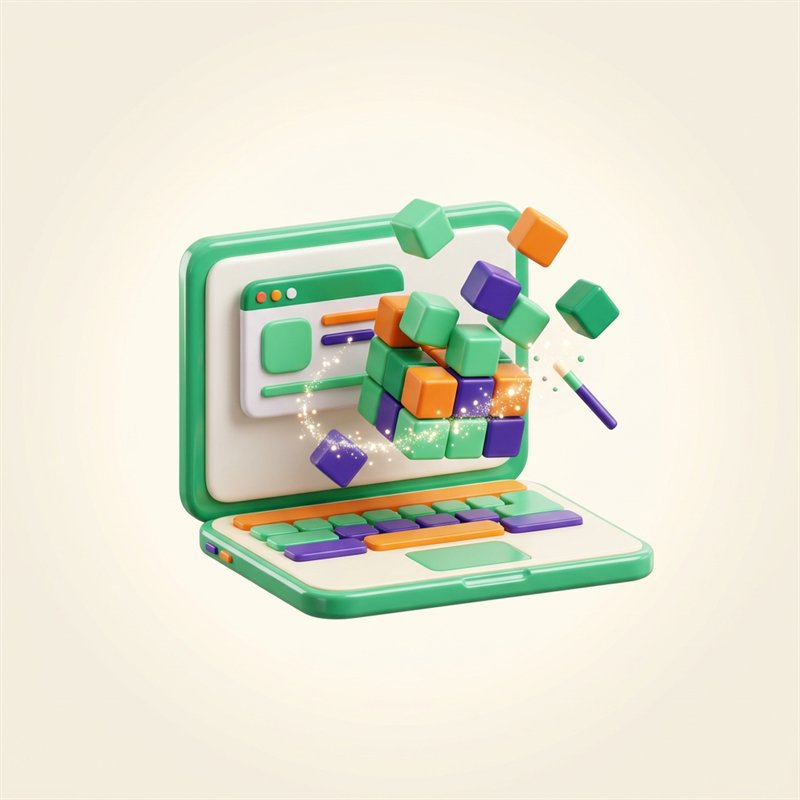 Ilustración 3D de un portátil construyendo una mini-app